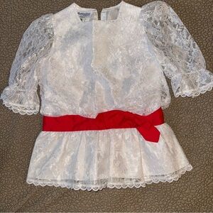 Little Girls Sz 4 Vintage Lace Dress/Top Fashionland Originals, White & Red Bow